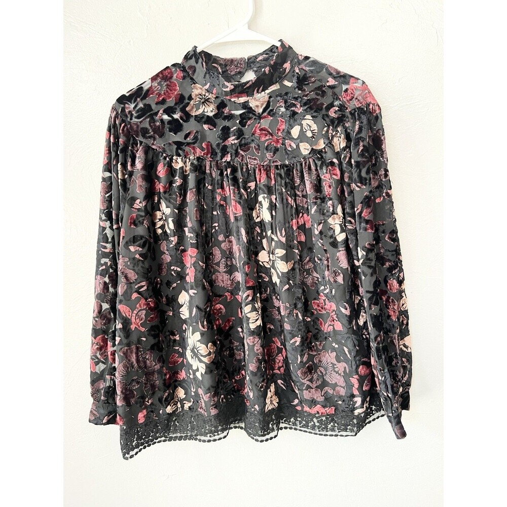 ANTHROPOLOGIE FLORAL BURNOUT CUT VELVET Boxy BISHOP SLEEVE BLOUSE TOP Medium - Picture 2 of 15